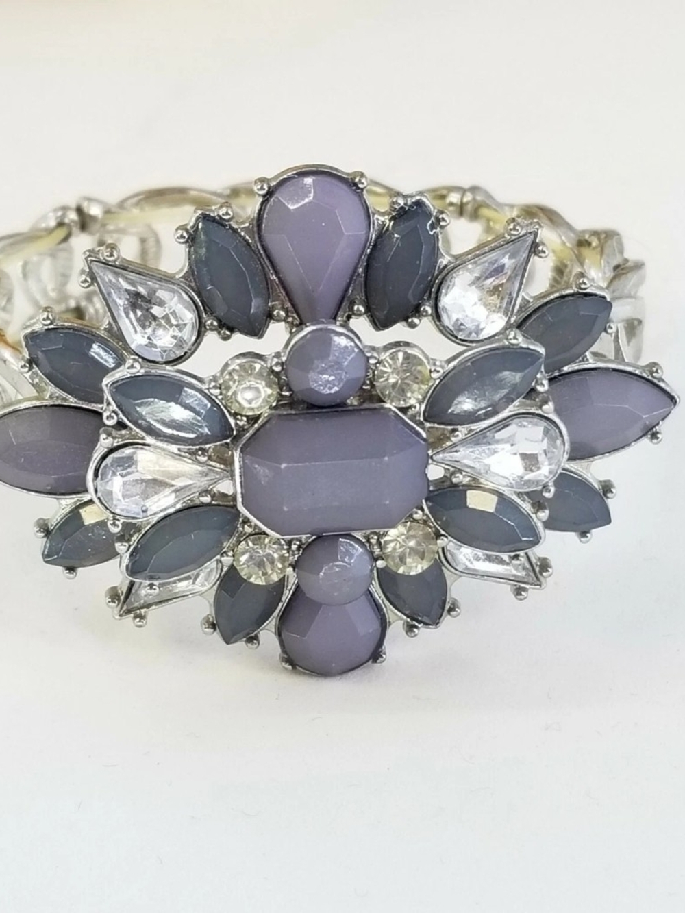 Silver Tone Bracelet Gray Lavender Rhinestone Stretch Statement Floral Cuff